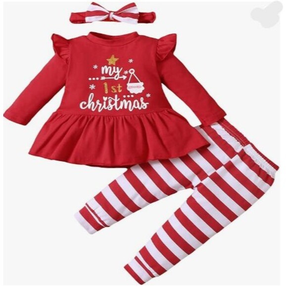 NEW Infant Girls My 1st Christmas Outfit Dress Shirt Top Pants Headband Set 3-6M - Picture 1 of 9